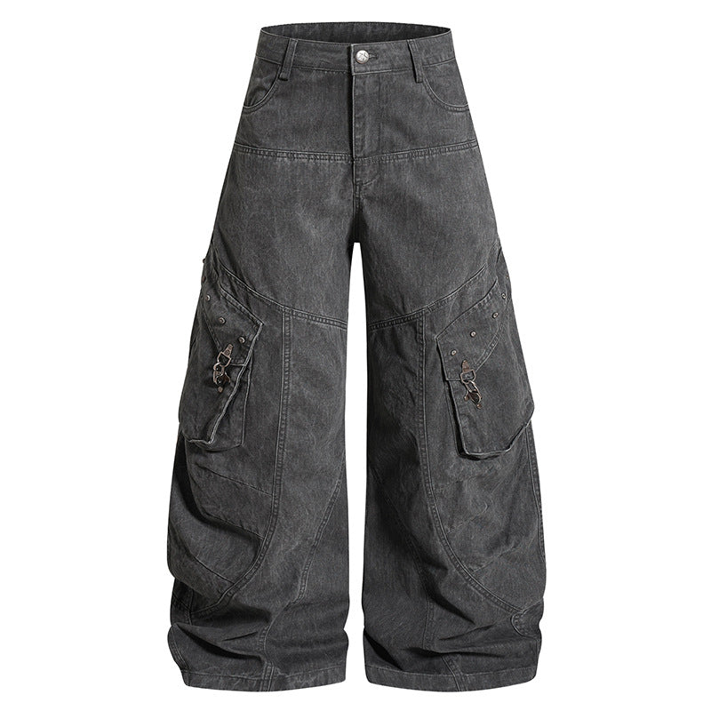 Damen Weite High‑Waist Cargo‑Culotte‑Jeanshose mit Pattentaschen und Vintage‑Wash Nord Taschen