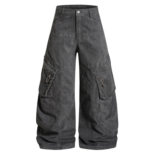 Damen Weite High‑Waist Cargo‑Culotte‑Jeanshose mit Pattentaschen und Vintage‑Wash Nord Taschen