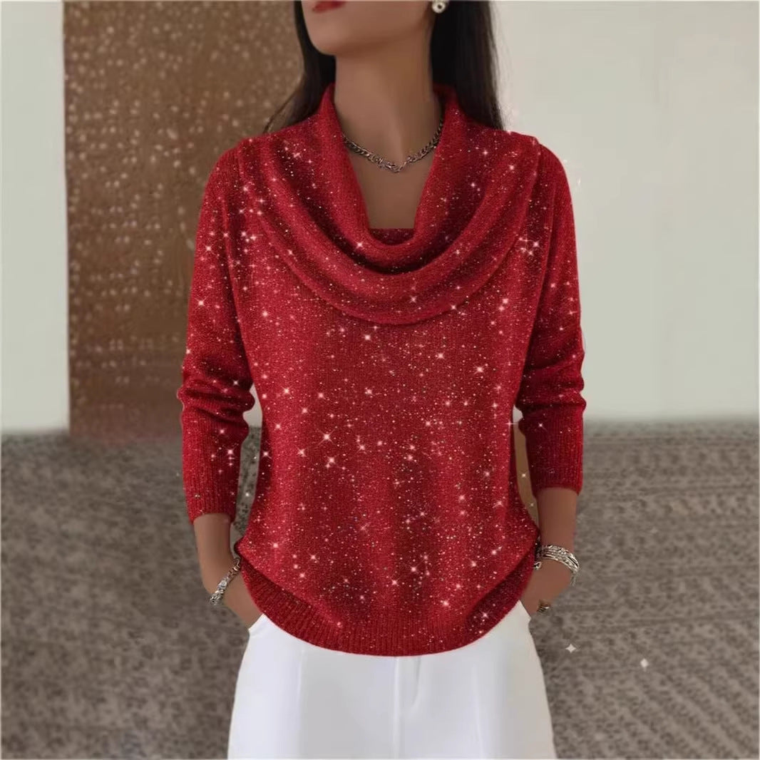 Damen Glitzernder Strickpullover mit Wasserfall-Ausschnitt Nord Taschen