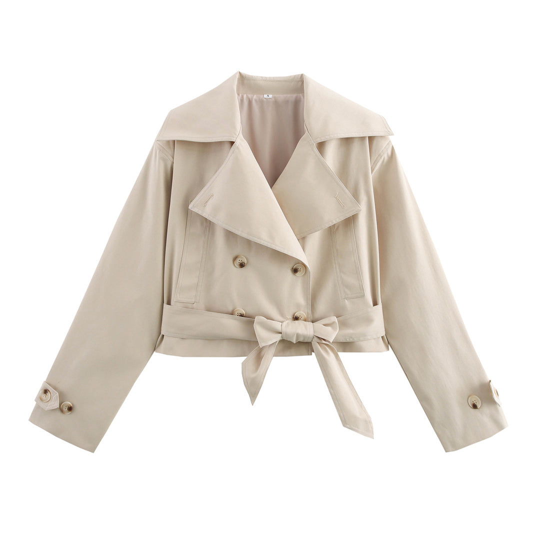 Damen Cropped Trenchjacke mit breitem Revers, Taillengürtel und Doppelknopfreihe Nord Taschen