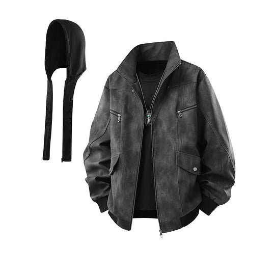 Herren Oversize-Blouson aus Kunstleder mit abnehmbarem Kapuzen‑Einsatz, Stehkragen und Utility‑Taschen Nord Taschen