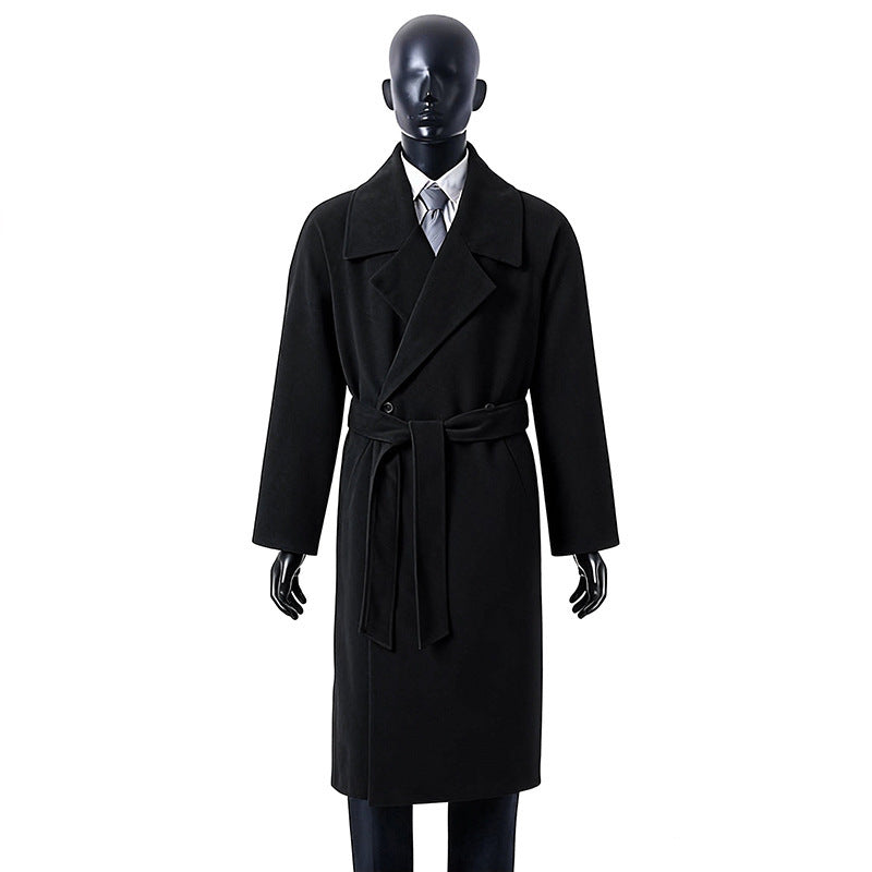 Herren Langer Wollmantel mit Bindegürtel und breitem Revers Nord Taschen