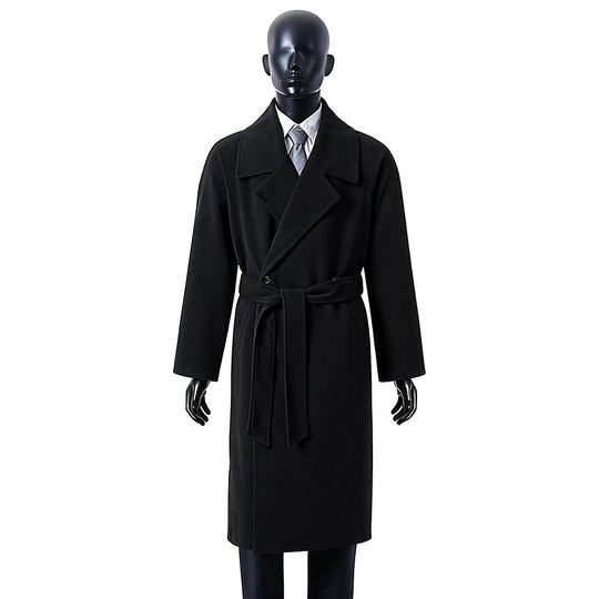 Herren Langer Wollmantel mit Bindegürtel und breitem Revers Nord Taschen