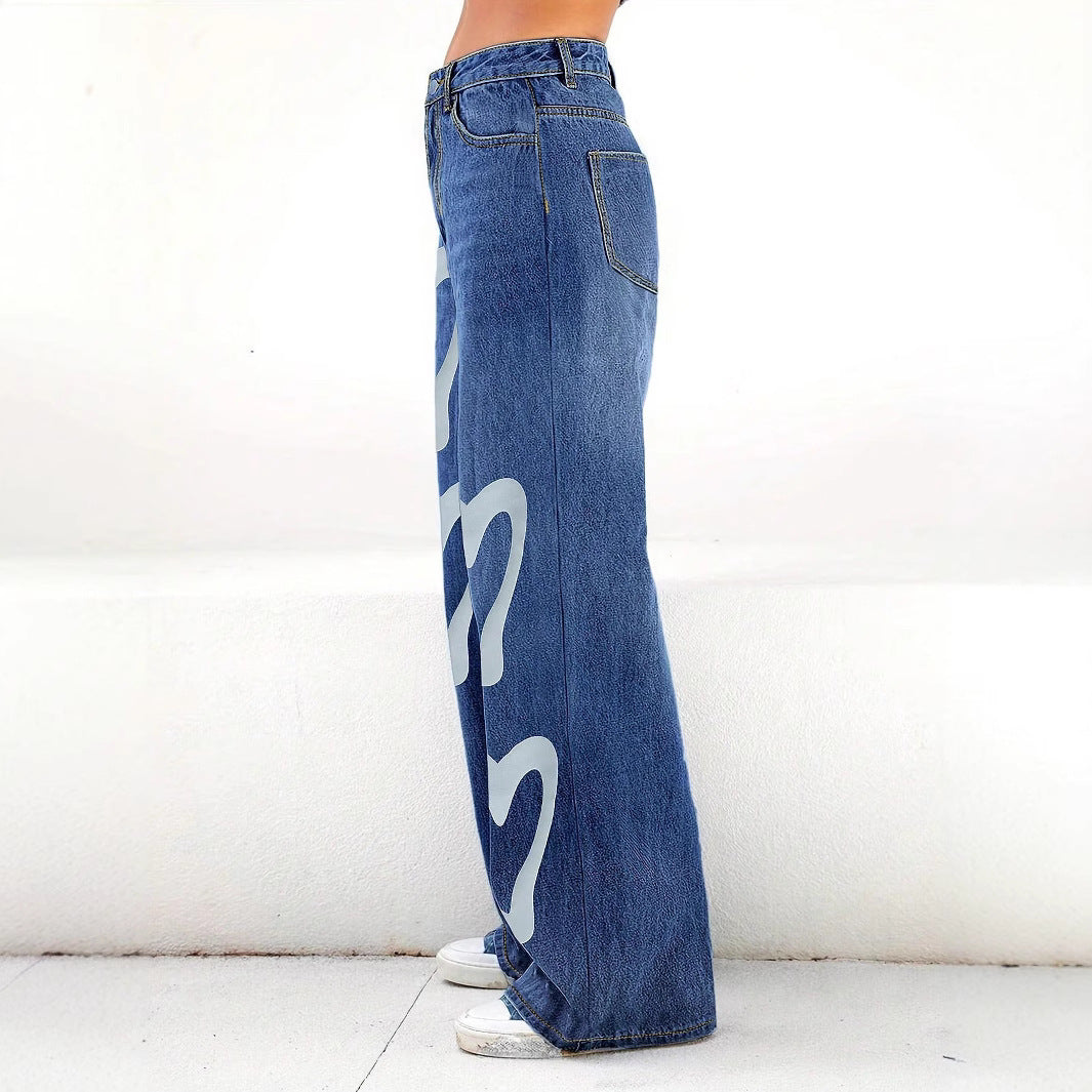 Damen High-Waist Wide-Leg-Jeanshose mit großflächigem Herz-Print Nord Taschen