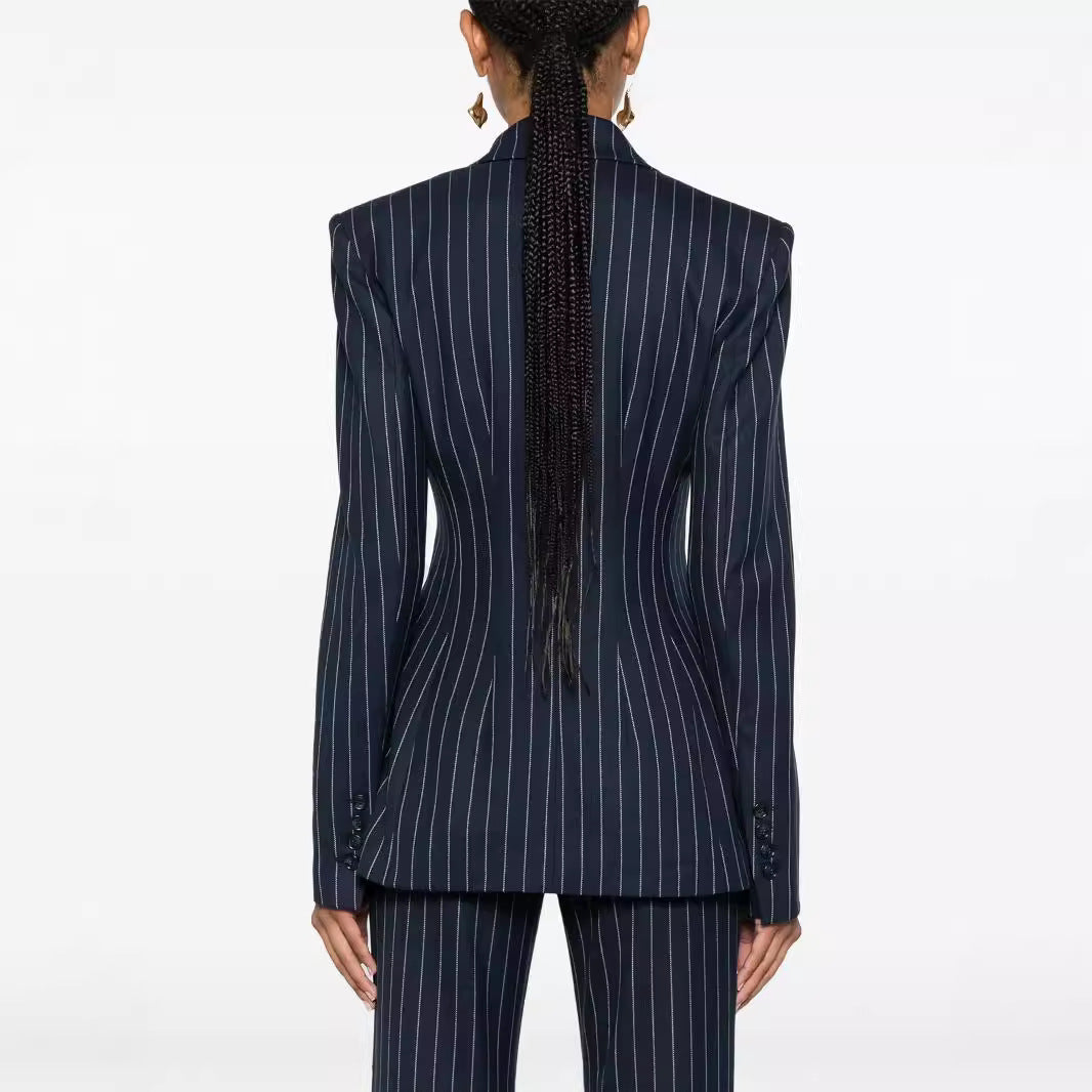 Damen Nadelstreifen Zweireihiger Blazer mit High‑Waist Schlaghose Nord Taschen