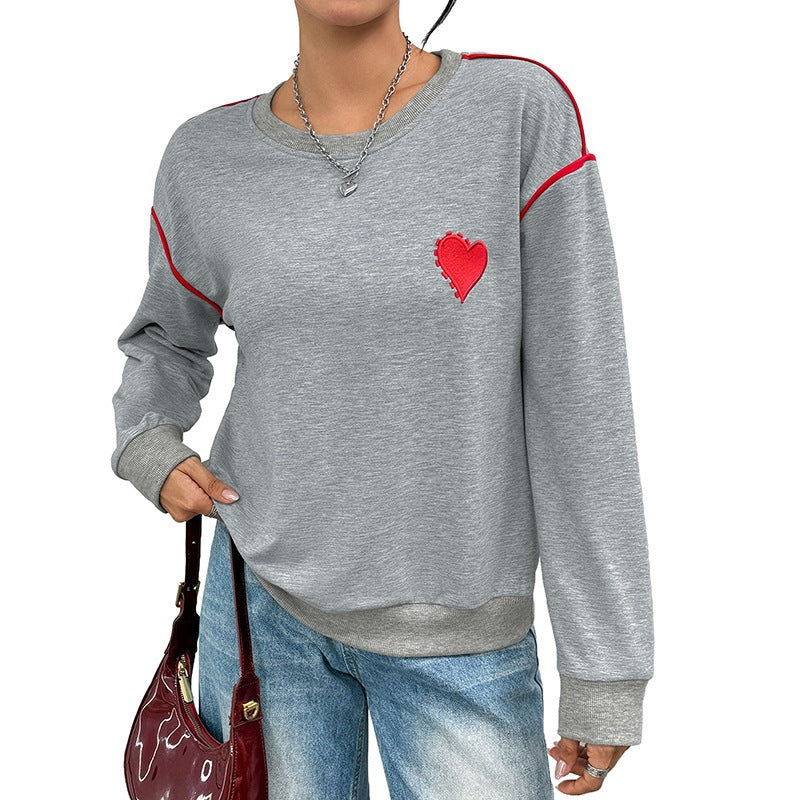 Damen Oversize-Sweatshirt mit Stickherz, Kontrastpaspeln und geripptem Saum Nord Taschen