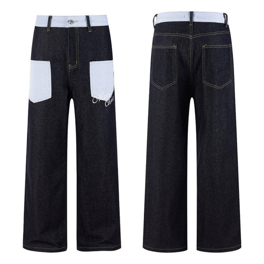 Damen Weite Denim-Hose im Culotte-Stil mit Karomuster-Taschen und hoher Taille Nord Taschen