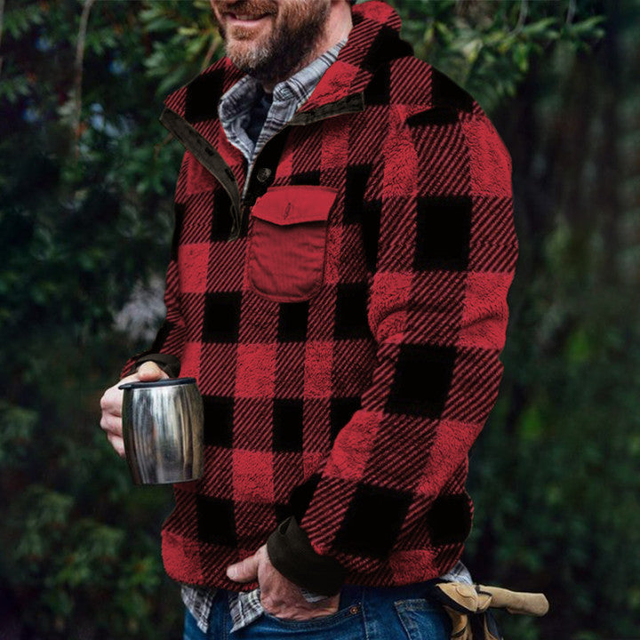 Herren Fleece-Pullover mit Karomuster und Hohem Kragen Avellé