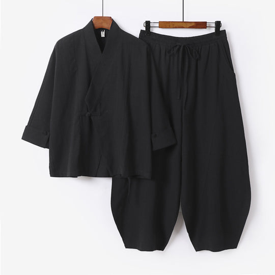 Herren Minimalistisches Kimono-Lounge-Set aus atmungsaktivem Baumwollmix mit ballonförmiger Bundhose Nord Taschen