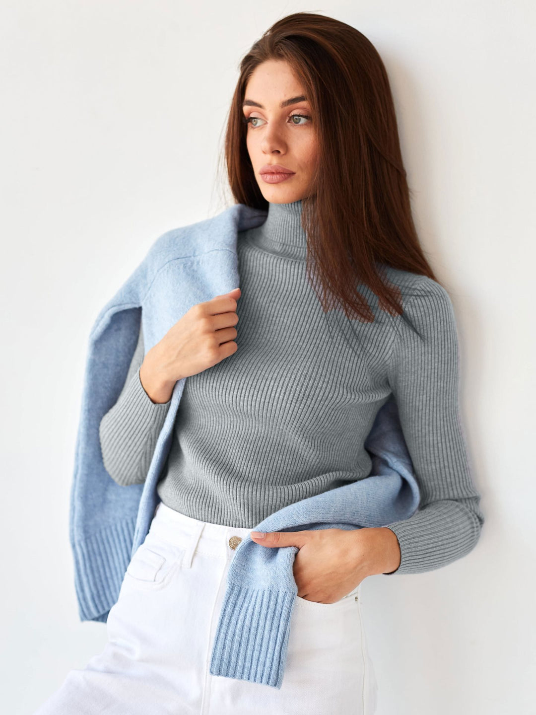 Damen Figurbetonter Rippstrick-Rollkragenpullover Nord Taschen