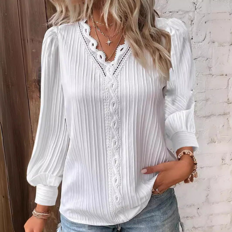 Damen Plissierte V‑Ausschnitt Bluse mit Spitzenbesatz und Ballonärmeln Nord Taschen