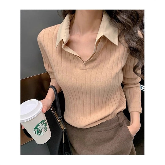 Damen Gerippter Feinstrickpullover mit Hemdkragen-Detail Nord Taschen