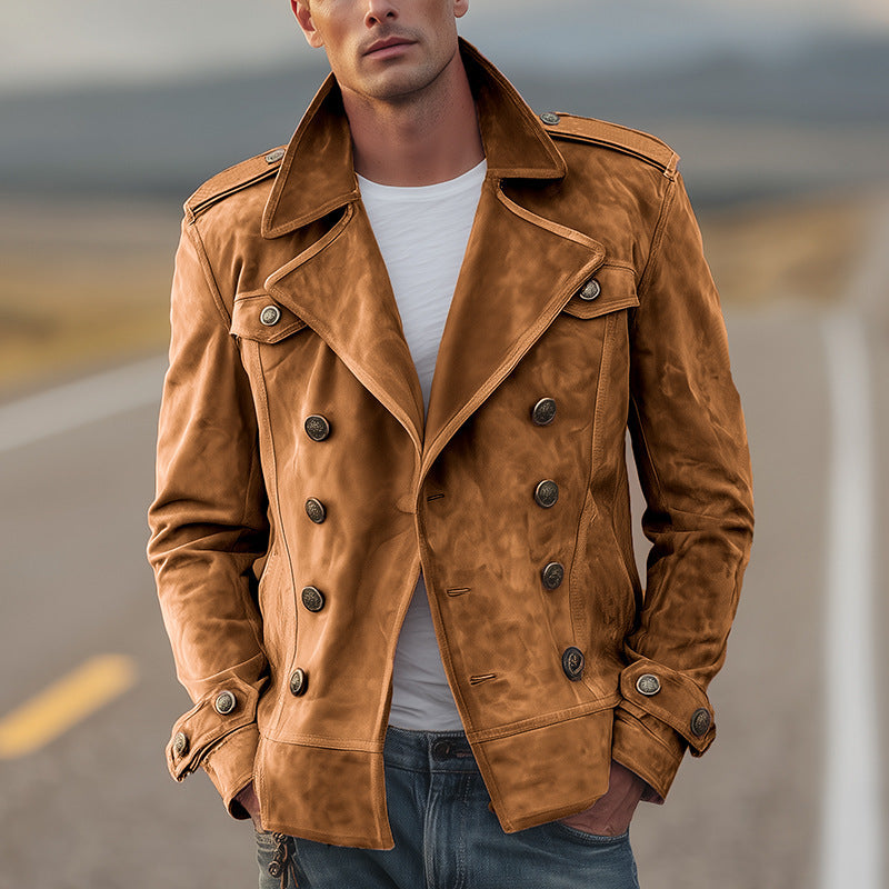 Herren Doppelreihige Lederjacke im Vintage-Look mit Schalkragen und Schulterklappen Nord Taschen