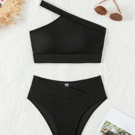 Damen Einseitig geschnittener Bikini-Top und hochtaillierte Bikinihose