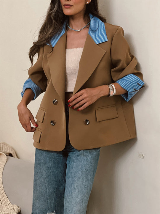 Damen Oversize-doppelreihiger Blazer mit kontrastkragen & aufschlagärmeln Nord Taschen