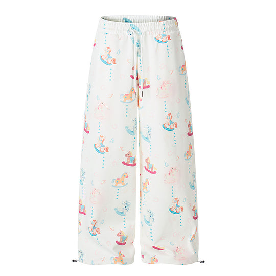 Damen Weite Palazzo-Loungehose mit Komfortbund, Kordelzug und verspieltem Schaukelpferd-Print Nord Taschen
