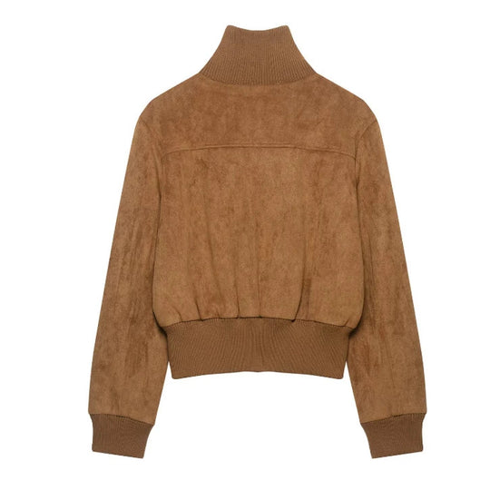 Damen Kurzer Veloursleder‑Bomber mit Stehkragen, aufgesetzten Klappentaschen und Rippenbündchen Nord Taschen
