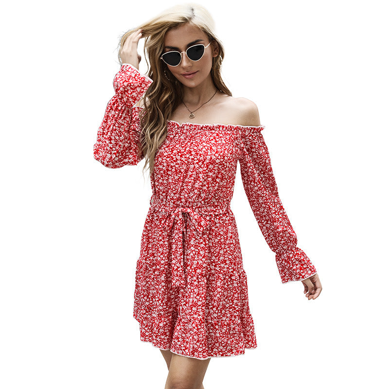 Damen schulterfreies Blumenkleid mit Carmenausschnitt, Taillenschnürung und Rüschensaum Nord Taschen