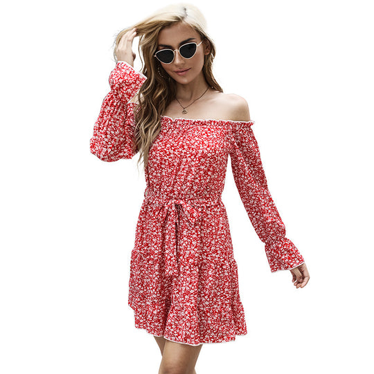 Damen schulterfreies Blumenkleid mit Carmenausschnitt, Taillenschnürung und Rüschensaum Nord Taschen