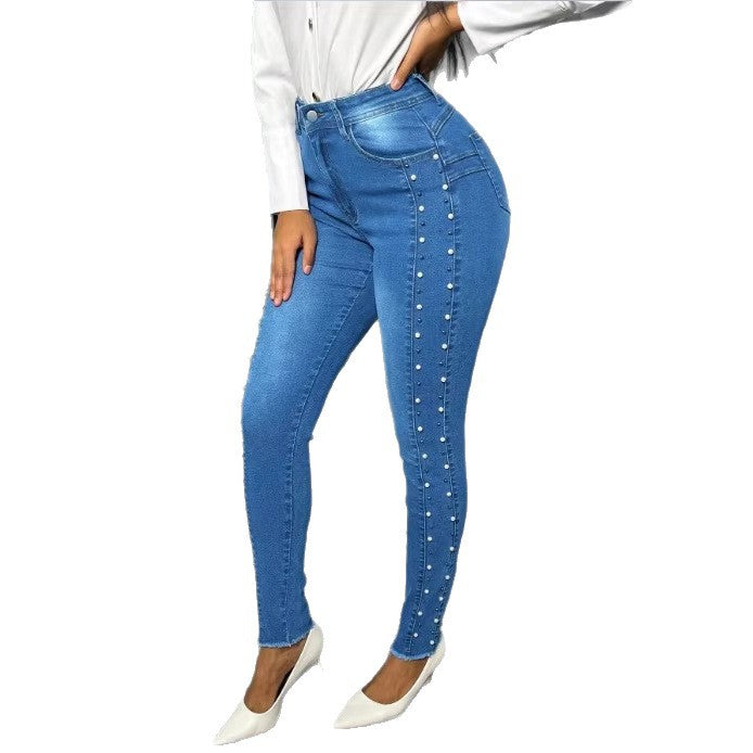 Damen Figurformende hochtaillierte Skinny-Jeans mit seitlicher Perlenzier Nord Taschen