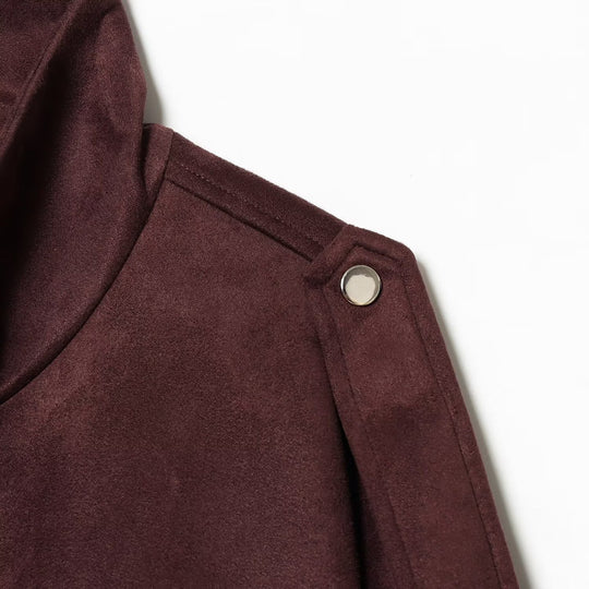Damen Kurze Boxy-Jacke in Wildlederoptik mit Funnelkragen und Pattentaschen Nord Taschen