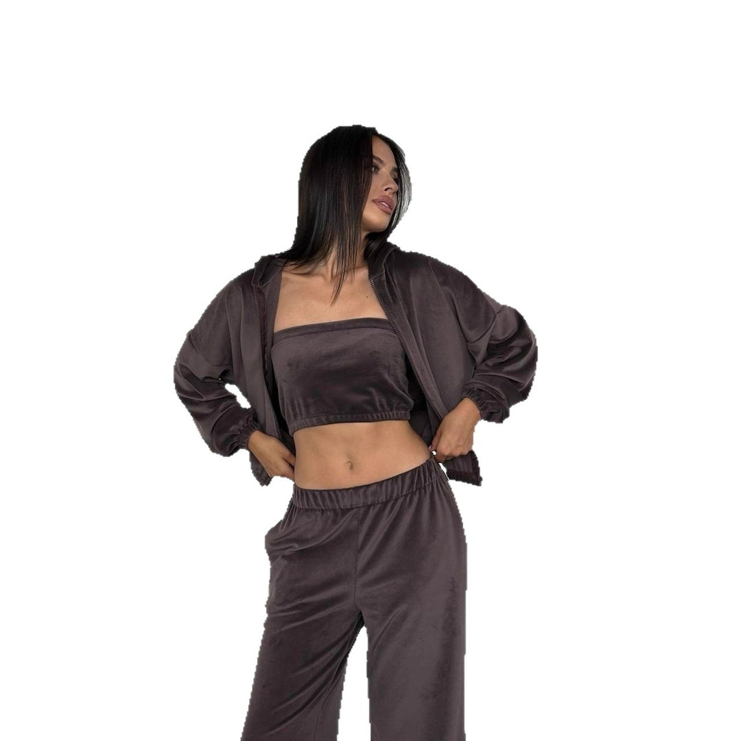 Damen Velours-Loungewear-Set mit Kapuzenjacke, Bandeau-Top und Jogginghose Nord Taschen