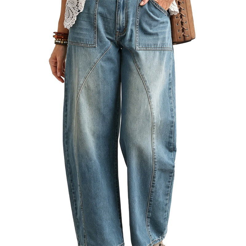 Damen Weite hochgeschnittene Jeans mit geschwungenen Nahtdetails und aufgesetzten Taschen Nord Taschen