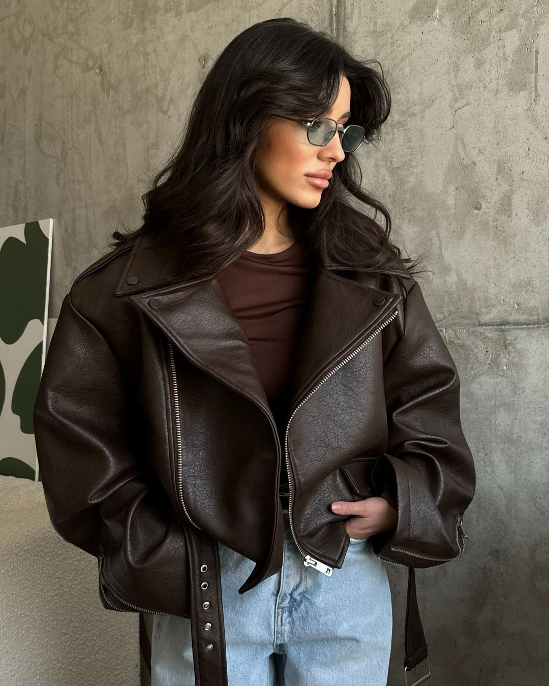 Damen Übergröße Kunstlederjacke im lässigen Stil