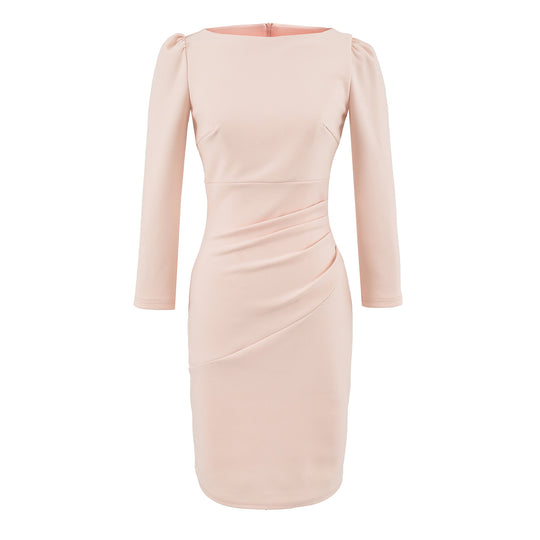 Damen Figurbetontes Midikleid mit geraffter Wickeloptik und langen Ärmeln Nord Taschen