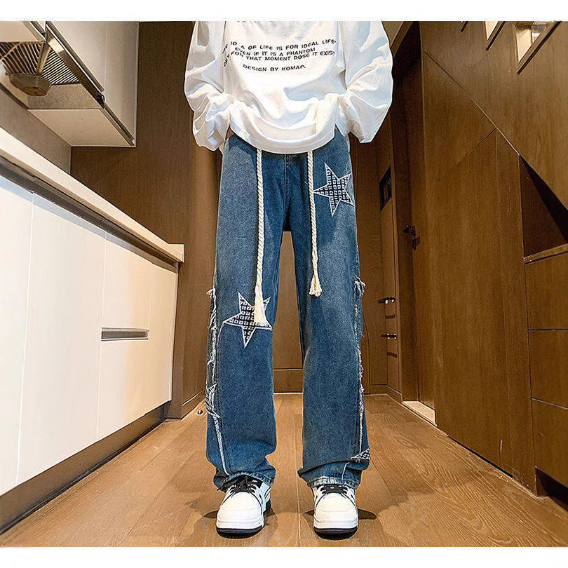 Damen Weite High‑Waist Denimhose mit Stern‑Applikationen, Fransen‑Seitenschlitzen und Kordelbund Nord Taschen