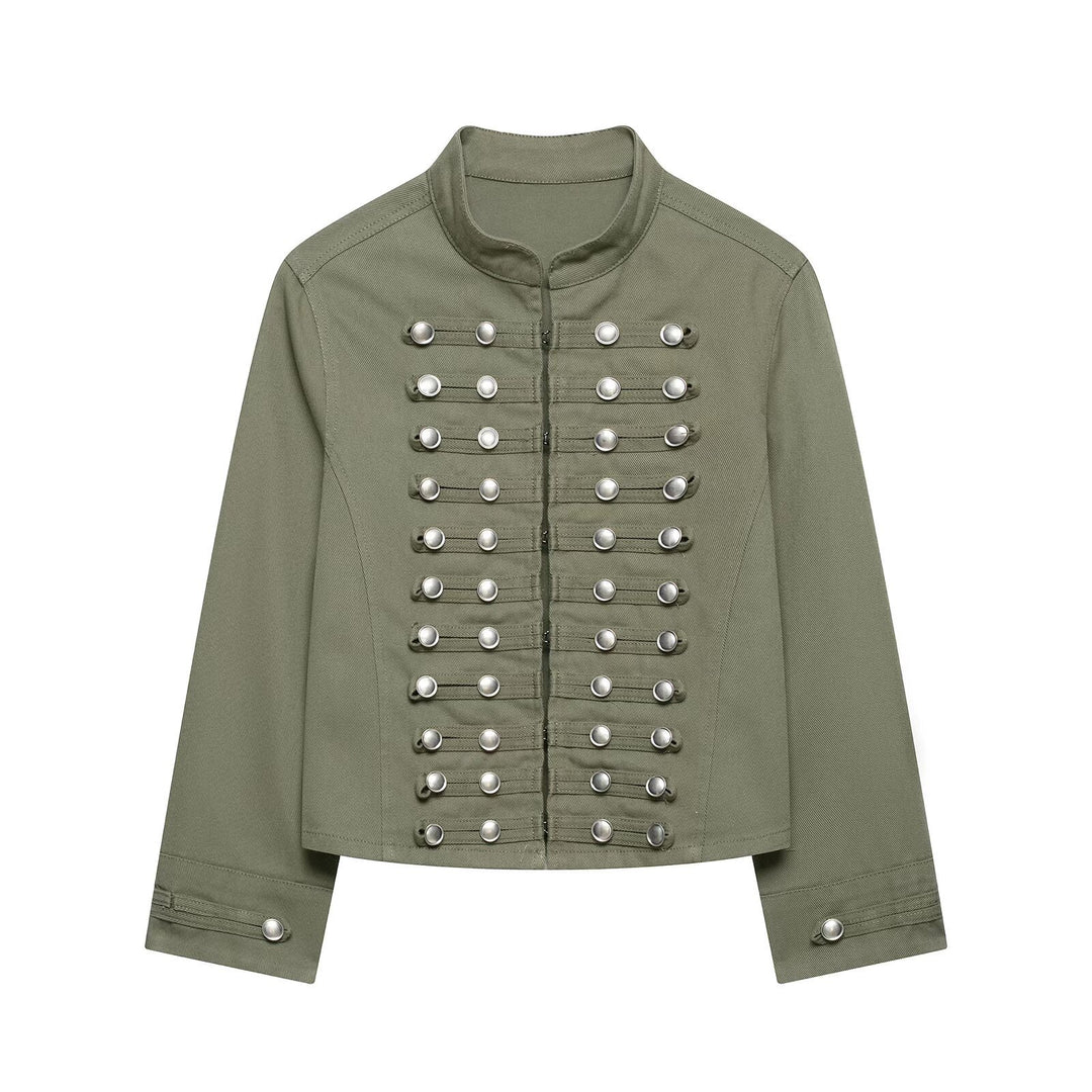 Damen Taillierte Denim‑Blazerjacke im militärisch inspirierten Marschallstil mit Zierknopfleiste Nord Taschen