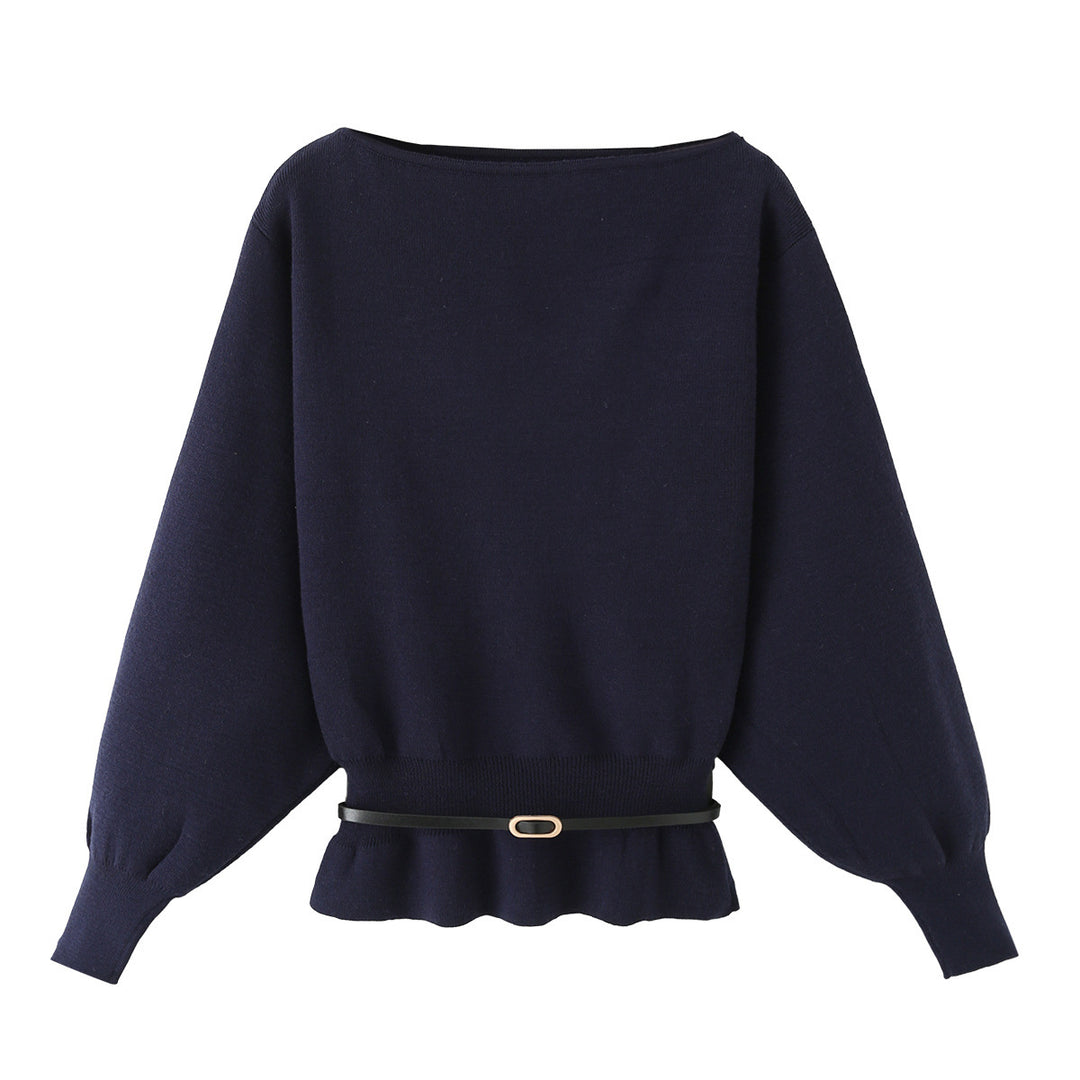 Damen Strickpullover mit U-Boot-Ausschnitt, Ballonärmeln und tailliertem Rüschenbund Nord Taschen