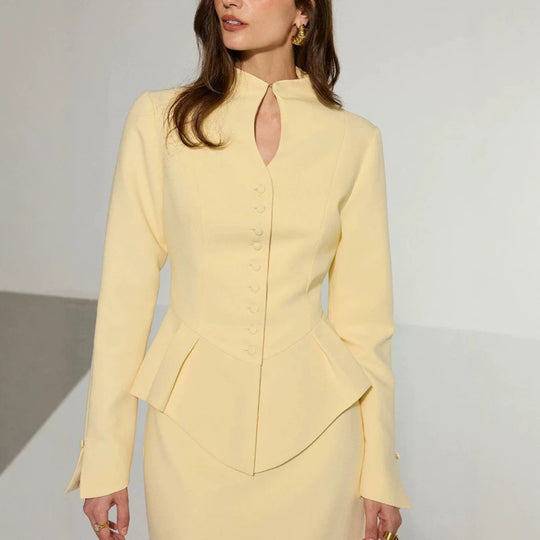 Damen Zweiteiliges tailliertes Blazer- und Bleistiftrock-Set mit Stehkragen und Peplum Nord Taschen