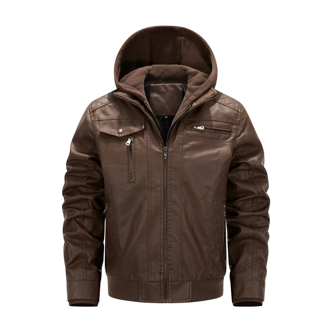 Herren Kunstleder-Bikerjacke mit abnehmbarer Kapuzenblende und gesteppter Seitenpartie Nord Taschen
