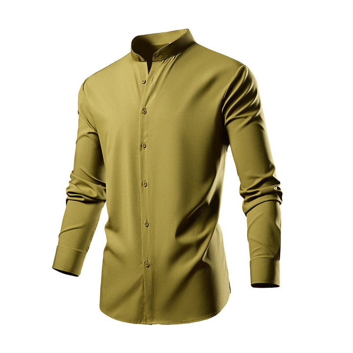 Herren elegantes Langarmhemd mit stehendem Kragen und modernen Knopfdetails