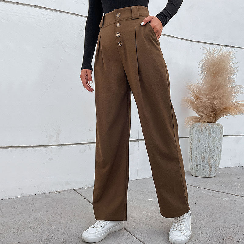 Damen Hochtaillierte weite Stoffhose mit Zierknopfleiste und Bundfalten Nord Taschen