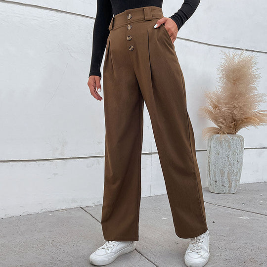 Damen Hochtaillierte weite Stoffhose mit Zierknopfleiste und Bundfalten Nord Taschen