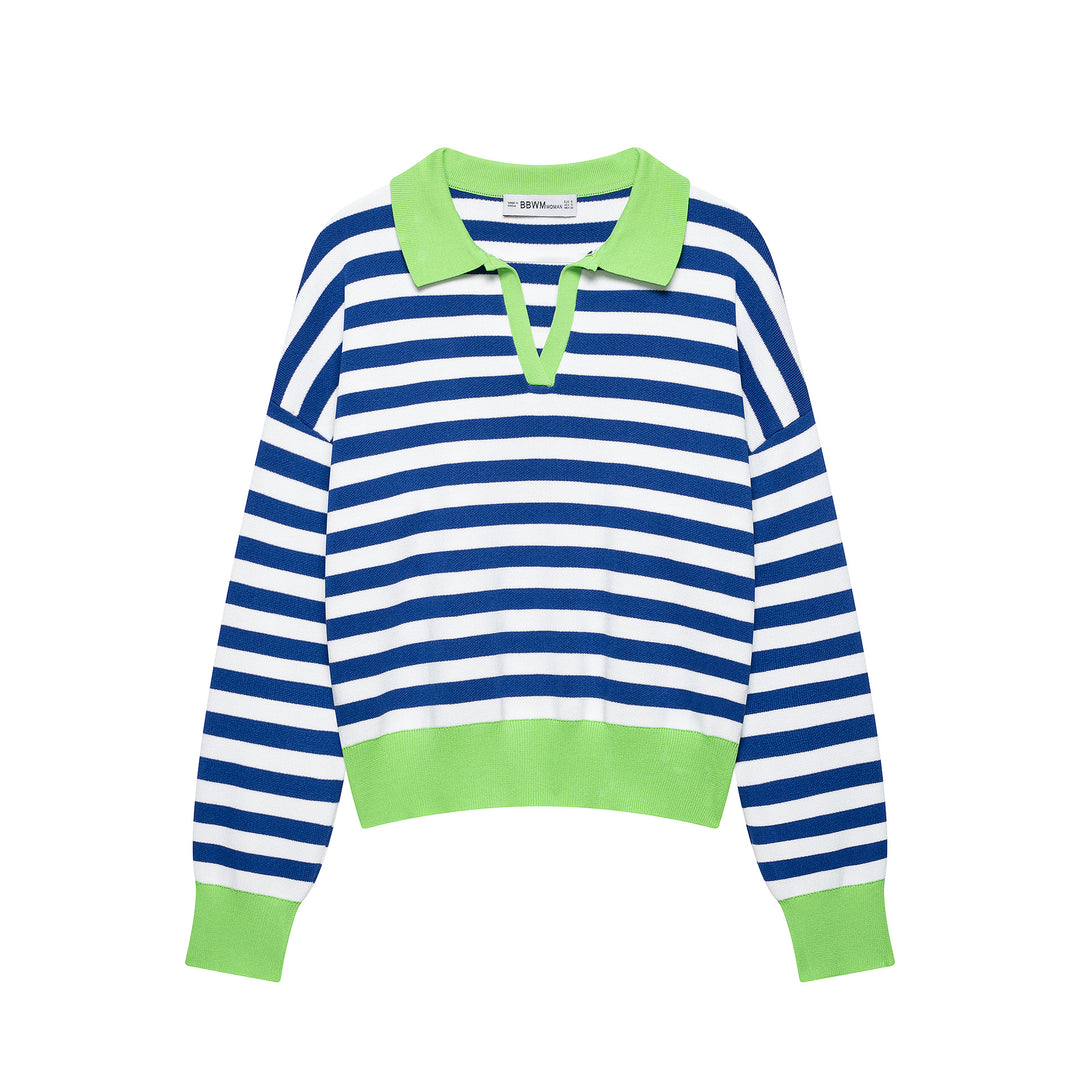 Damen Gestreifter Polo‑Pullover mit V‑Ausschnitt, weitem Rumpf und kontrastierenden Bündchen Nord Taschen