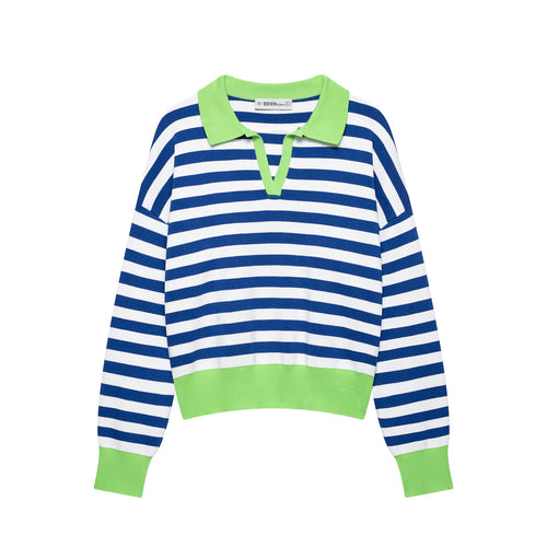 Damen Gestreifter Polo‑Pullover mit V‑Ausschnitt, weitem Rumpf und kontrastierenden Bündchen Nord Taschen
