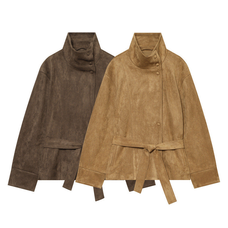 Damen Kurzjacke im Boxy-Cut aus Velourslederoptik mit hohem Stehkragen und Bindegürtel Nord Taschen