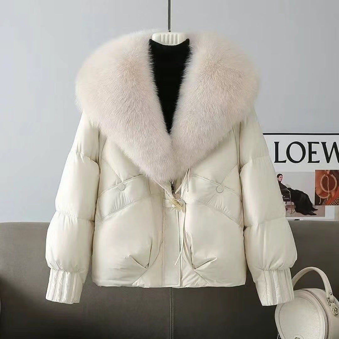 Damen nan kurze wattierte Steppjacke mit voluminösem Kunstfellkragen und Taillenzug Nord Taschen