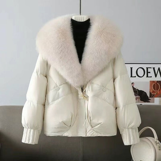 Damen nan kurze wattierte Steppjacke mit voluminösem Kunstfellkragen und Taillenzug Nord Taschen