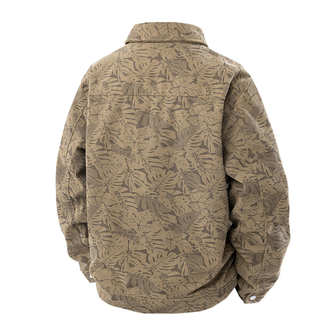 Herren Kordjacke im Truckerstil mit tonalem Blattmuster, Druckknopf‑Front und Pattentaschen Nord Taschen