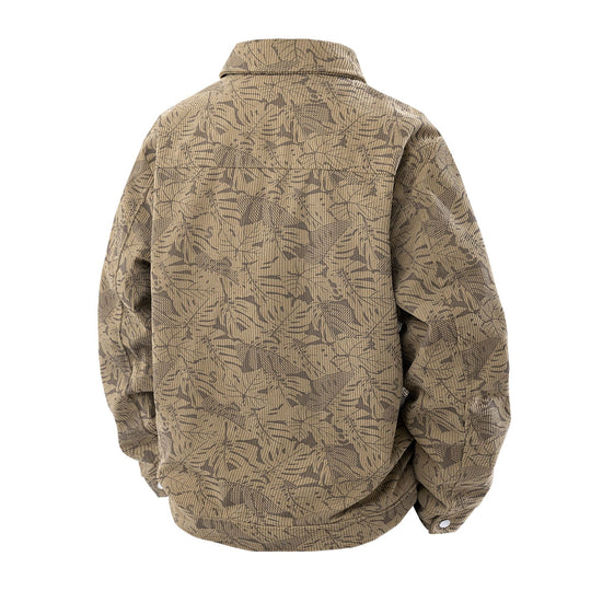 Herren Kordjacke im Truckerstil mit tonalem Blattmuster, Druckknopf‑Front und Pattentaschen Nord Taschen
