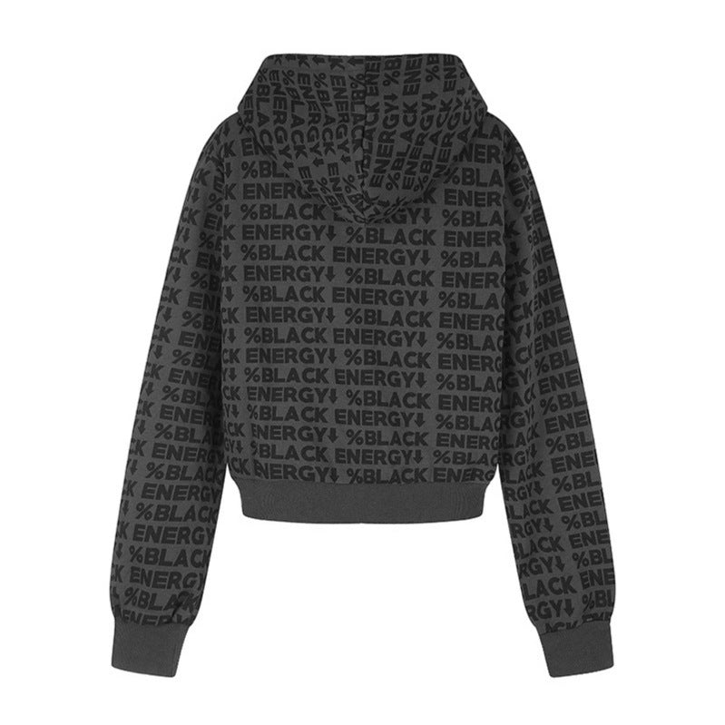 Damen kurze Zip-Kapuzenjacke mit Allover-Logoprint und elastischem Rippenbund Nord Taschen