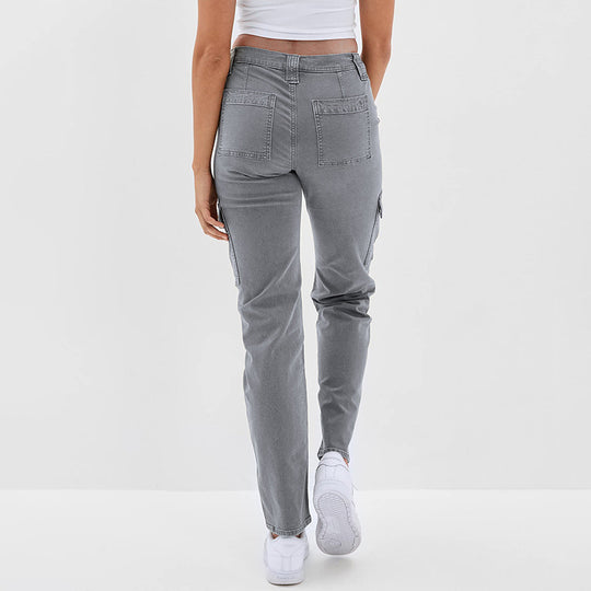 Damen Hochtaillierte Cargohose aus Denim mit geradem Bein und Mehrfachtaschen Nord Taschen