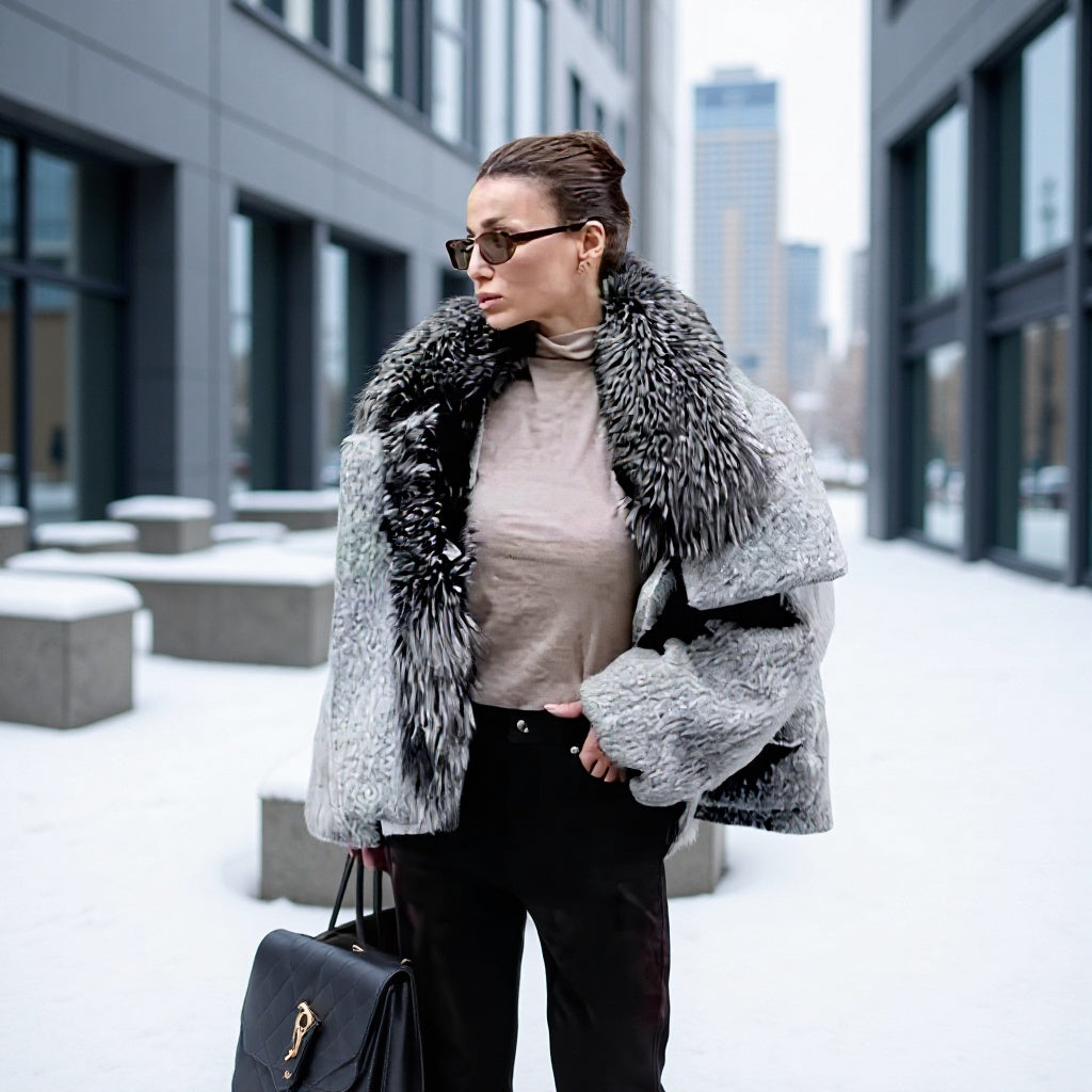 Damen Kurzjacke aus Kunstfell im Oversize‑Cut mit voluminösem Webpelzkragen Nord Taschen