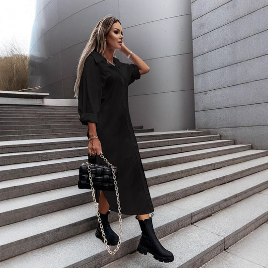 Damen Langes Oversize-Hemdblusenkleid mit durchgehender Knopfleiste, umgeschlagenen Ärmeln und tiefem Seitenschlitz Nord Taschen