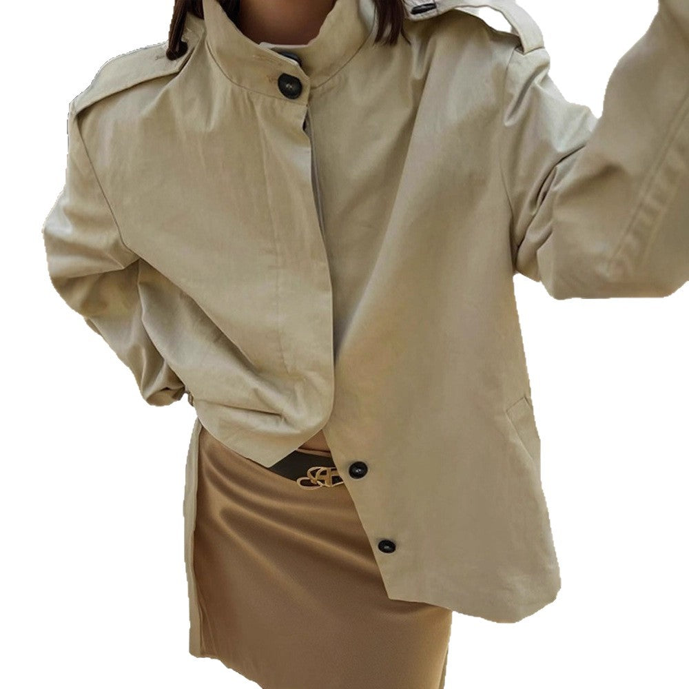 Damen Kurzbluse-Trench mit Stehkragen, Schulterpatten und Ballonärmeln Nord Taschen