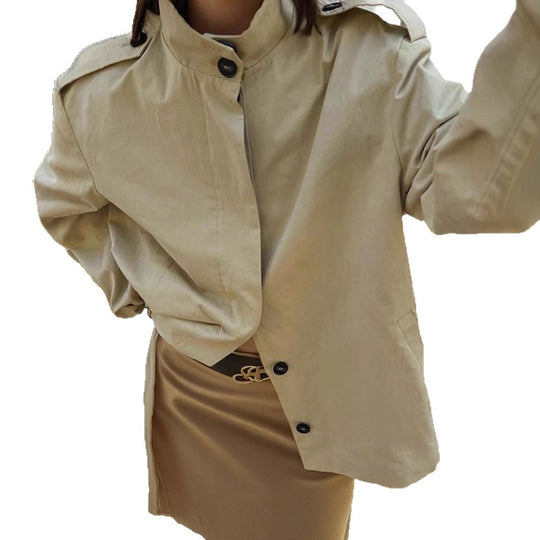 Damen Kurzbluse-Trench mit Stehkragen, Schulterpatten und Ballonärmeln Nord Taschen